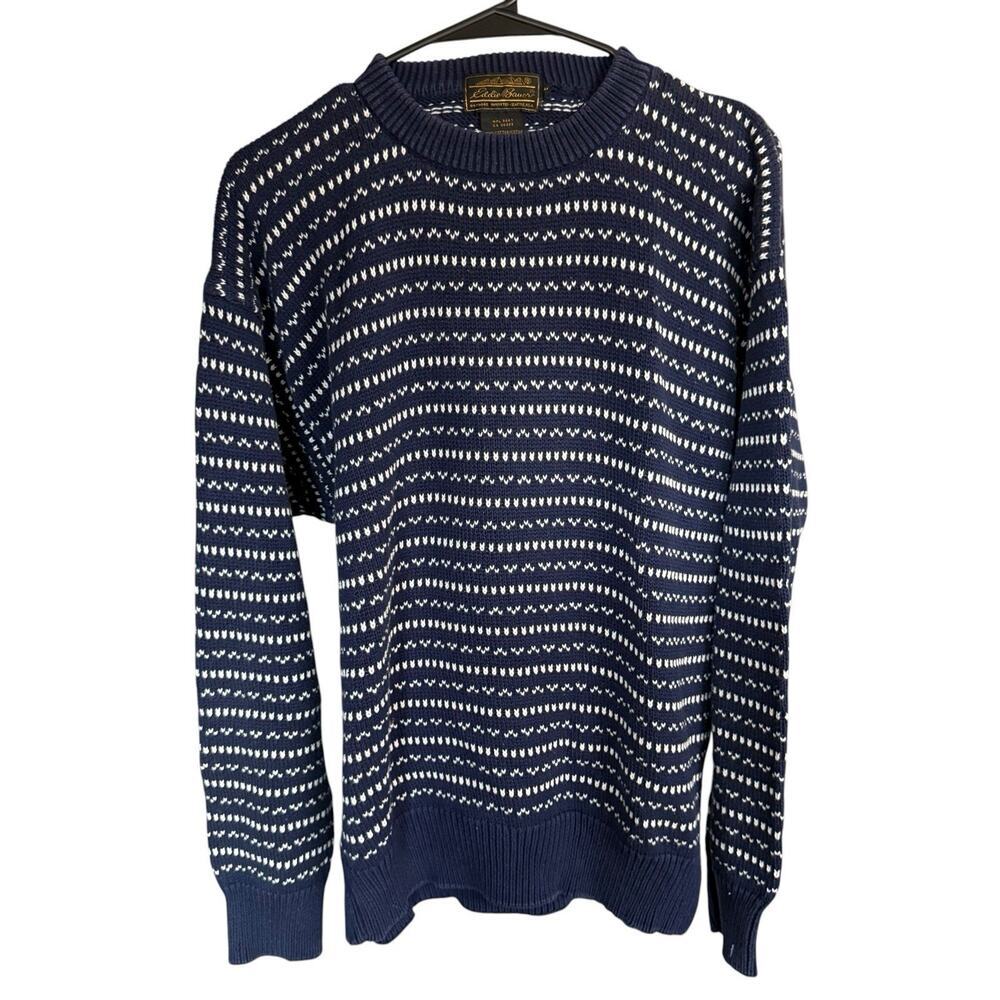 Vtg 80s 90s Eddie Bauer Black Label Sweater M/L Birdseye Blue Preppy Prep